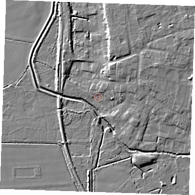 Shaded relief map of the ground around CB75HT, computed from Environment Agency LiDAR. The ground here sits at about 4 m above sea level and falls 10 m across the surrounding 800 m. Surface water reaching this point runs off ground lying to the east-north-east, 3.5 m higher.