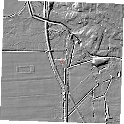 Shaded relief map of the ground around CB75HX, computed from Environment Agency LiDAR. The ground here sits at about 4 m above sea level and falls 9 m across the surrounding 800 m. Surface water reaching this point runs off ground lying to the south-south-east, 3.2 m higher.