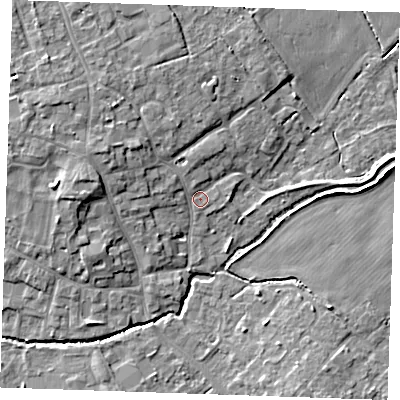 Shaded relief map of the ground around CB75JA, computed from Environment Agency LiDAR. The ground here sits at about 6 m above sea level and falls 8 m across the surrounding 800 m. Surface water reaching this point runs off ground lying to the west-north-west, 4.0 m higher.