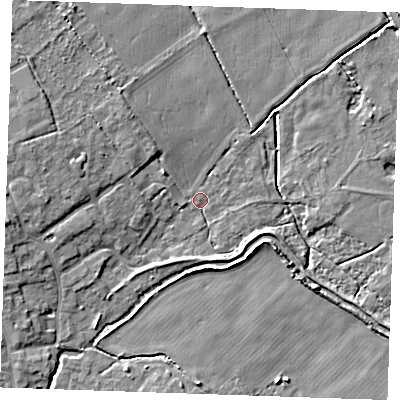 Shaded relief map of the ground around CB75JH, computed from Environment Agency LiDAR. The ground here sits at about 4 m above sea level and falls 8 m across the surrounding 800 m. Surface water reaching this point runs off ground lying to the west-north-west, 4.9 m higher.