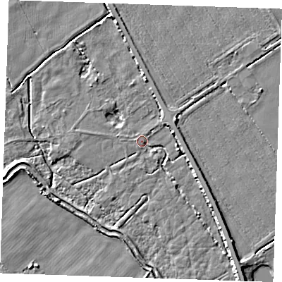 Shaded relief map of the ground around CB75JJ, computed from Environment Agency LiDAR. The ground here sits at about 4 m above sea level and falls 7 m across the surrounding 800 m. Surface water reaching this point runs off ground lying to the south-east, 4.2 m higher.