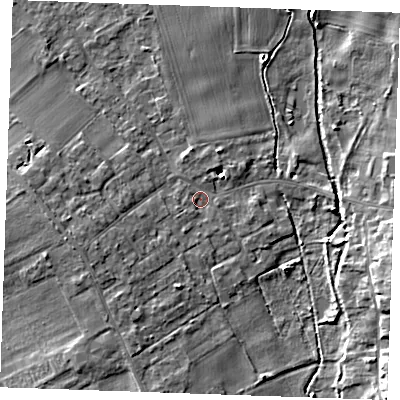 Shaded relief map of the ground around CB75JT, computed from Environment Agency LiDAR. The ground here sits at about 9 m above sea level and falls 7 m across the surrounding 800 m. Surface water reaching this point runs off ground lying to the west-south-west, 4.6 m higher.