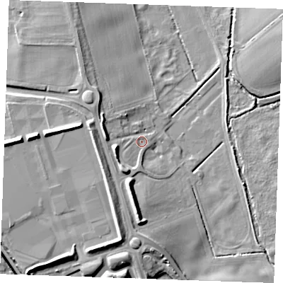 Shaded relief map of the ground around CB75LN, computed from Environment Agency LiDAR. The ground here sits at about 14 m above sea level and falls 12 m across the surrounding 800 m. Surface water reaching this point runs off ground lying to the south-west, 7.1 m higher.