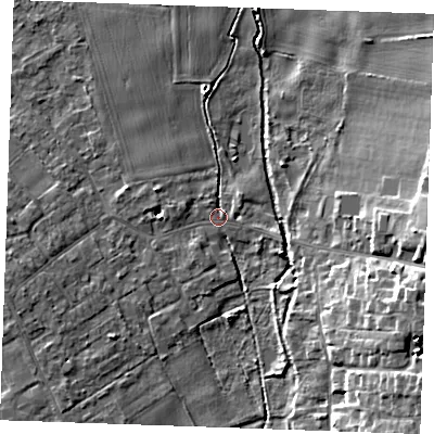 Shaded relief map of the ground around CB75NG, computed from Environment Agency LiDAR. The ground here sits at about 8 m above sea level and falls 12 m across the surrounding 800 m. Surface water reaching this point runs off ground lying to the west-south-west, 6.3 m higher.