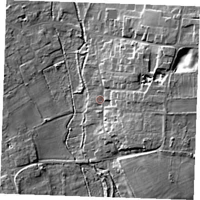 Shaded relief map of the ground around CB75NQ, computed from Environment Agency LiDAR. The ground here sits at about 11 m above sea level and falls 13 m across the surrounding 800 m. Surface water reaching this point runs off ground lying to the east, 9.4 m higher.