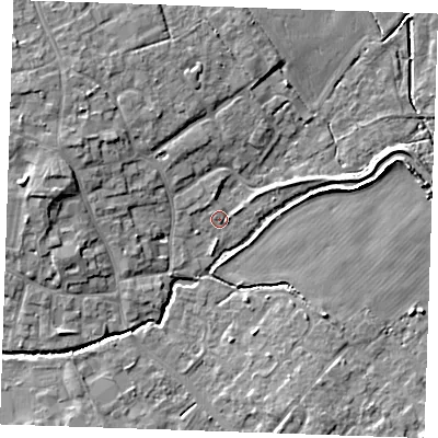 Shaded relief map of the ground around CB75PL, computed from Environment Agency LiDAR. The ground here sits at about 6 m above sea level and falls 9 m across the surrounding 800 m. Surface water reaching this point runs off ground lying to the north-west, 1.1 m higher.