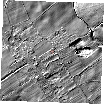 Shaded relief map of the ground around CB75QF, computed from Environment Agency LiDAR. The ground here sits at about 19 m above sea level and falls 11 m across the surrounding 800 m. Surface water reaching this point runs off ground lying to the east-south-east, 1.3 m higher.
