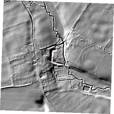 Shaded relief map of the ground around CB75QQ, computed from Environment Agency LiDAR. The ground here sits at about 12 m above sea level and falls 9 m across the surrounding 800 m. Surface water reaching this point runs off ground lying to the west-south-west, 0.8 m higher.