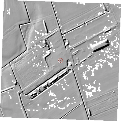 Shaded relief map of the ground around CB75RF, computed from Environment Agency LiDAR. The ground here sits at about 1 m above sea level and falls 7 m across the surrounding 800 m. The ground contributing surface water to this point lies to the east.