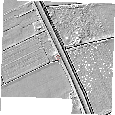 Shaded relief map of the ground around CB75RG, computed from Environment Agency LiDAR. The ground here sits at about 2 m above sea level and falls 7 m across the surrounding 800 m. Surface water reaching this point runs off ground lying to the south-south-east, 5.4 m higher.