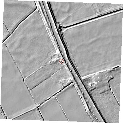 Shaded relief map of the ground around CB75RH, computed from Environment Agency LiDAR. The ground here sits at about 0 m above sea level and falls 7 m across the surrounding 800 m. Surface water reaching this point runs off ground lying to the north-north-east, 4.8 m higher.
