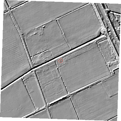 Shaded relief map of the ground around CB75RQ, computed from Environment Agency LiDAR. The ground here sits at about -1 m above sea level and falls 8 m across the surrounding 800 m. Surface water reaching this point runs off ground lying to the east-north-east, 6.8 m higher.