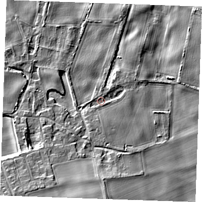 Shaded relief map of the ground around CB75SW, computed from Environment Agency LiDAR. The ground here sits at about 5 m above sea level and falls 10 m across the surrounding 800 m. Surface water reaching this point runs off ground lying to the south-east, 2.1 m higher.