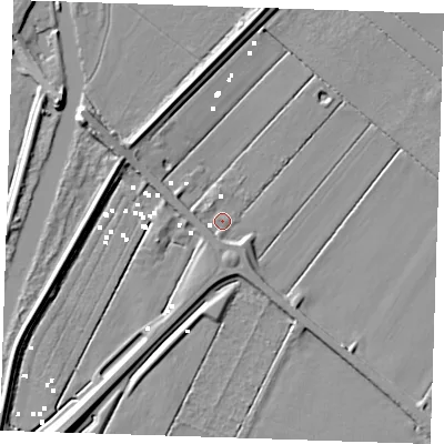Shaded relief map of the ground around CB75TH, computed from Environment Agency LiDAR. The ground here sits at about 0 m above sea level and falls 9 m across the surrounding 800 m. Surface water reaching this point runs off ground lying to the south-west, 2.4 m higher.