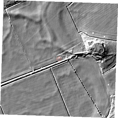 Shaded relief map of the ground around CB75TJ, computed from Environment Agency LiDAR. The ground here sits at about -1 m above sea level and falls 10 m across the surrounding 800 m. Surface water reaching this point runs off ground lying to the west-south-west, 2.9 m higher.