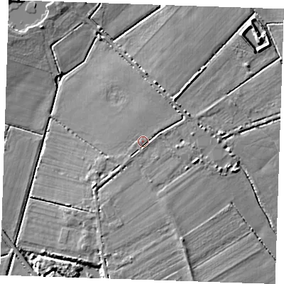 Shaded relief map of the ground around CB75TU, computed from Environment Agency LiDAR. The ground here sits at about 4 m above sea level and falls 6 m across the surrounding 800 m. Surface water reaching this point runs off ground lying to the east-south-east, 2.6 m higher.