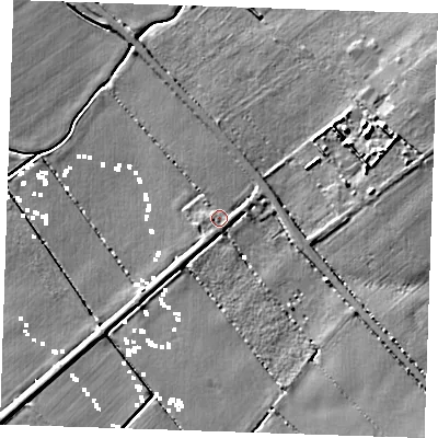 Shaded relief map of the ground around CB75TX, computed from Environment Agency LiDAR. The ground here sits at about 1 m above sea level and falls 9 m across the surrounding 800 m. Surface water reaching this point runs off ground lying to the north-north-east, 1.7 m higher.
