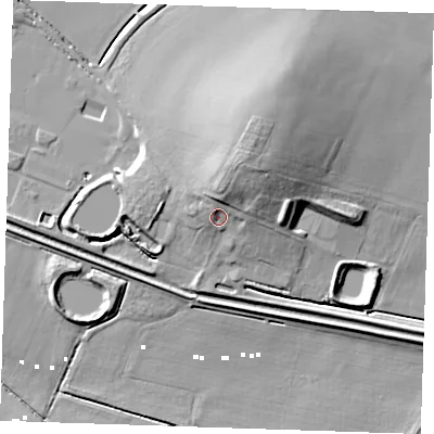 Shaded relief map of the ground around CB75TZ, computed from Environment Agency LiDAR. The ground here sits at about 7 m above sea level and falls 17 m across the surrounding 800 m. Surface water reaching this point runs off ground lying to the north-north-east, 8.2 m higher.