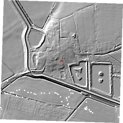 Shaded relief map of the ground around CB75UB, computed from Environment Agency LiDAR. The ground here sits at about 4 m above sea level and falls 10 m across the surrounding 800 m. Surface water reaching this point runs off ground lying to the west-north-west, 3.2 m higher.