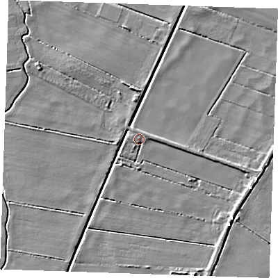 Shaded relief map of the ground around CB75UL, computed from Environment Agency LiDAR. The ground here sits at about -0 m above sea level and falls 5 m across the surrounding 800 m. Surface water reaching this point runs off ground lying to the north-north-west, 2.1 m higher.