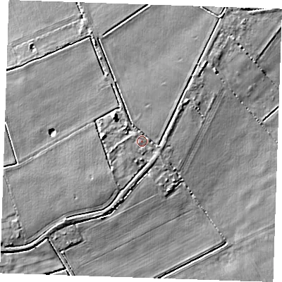 Shaded relief map of the ground around CB75UN, computed from Environment Agency LiDAR. The ground here sits at about 4 m above sea level and falls 6 m across the surrounding 800 m. Surface water reaching this point runs off ground lying to the south-west, 1.9 m higher.
