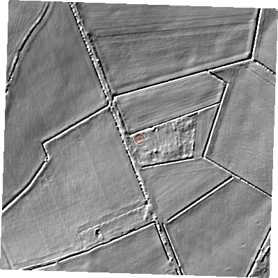 Shaded relief map of the ground around CB75UP, computed from Environment Agency LiDAR. The ground here sits at about 3 m above sea level and falls 5 m across the surrounding 800 m. Surface water reaching this point runs off ground lying to the south-east, 2.1 m higher.