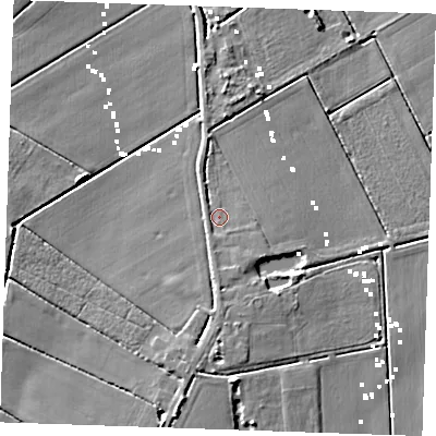 Shaded relief map of the ground around CB75UW, computed from Environment Agency LiDAR. The ground here sits at about 1 m above sea level and falls 7 m across the surrounding 800 m. Surface water reaching this point runs off ground lying to the south-south-west, 1.1 m higher.