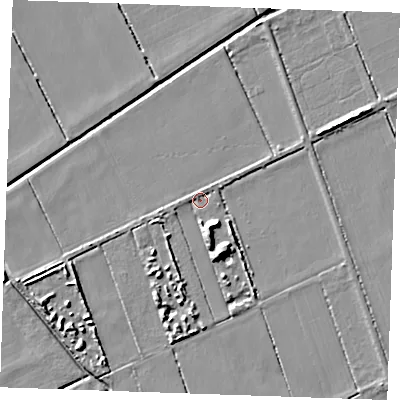Shaded relief map of the ground around CB75WG, computed from Environment Agency LiDAR. The ground here sits at about -2 m above sea level and falls 7 m across the surrounding 800 m. Surface water reaching this point runs off ground lying to the south, 3.3 m higher.