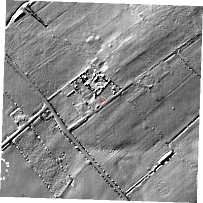 Shaded relief map of the ground around CB75XF, computed from Environment Agency LiDAR. The ground here sits at about 4 m above sea level and falls 7 m across the surrounding 800 m. Surface water reaching this point runs off ground lying to the north-north-east, 2.9 m higher.