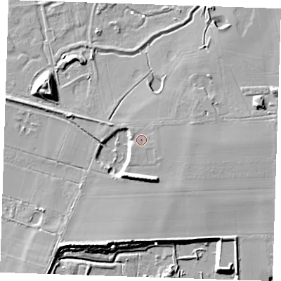 Shaded relief map of the ground around CB75XL, computed from Environment Agency LiDAR. The ground here sits at about 5 m above sea level and falls 15 m across the surrounding 800 m. Surface water reaching this point runs off ground lying to the east-south-east, 1.6 m higher.