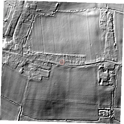 Shaded relief map of the ground around CB75XT, computed from Environment Agency LiDAR. The ground here sits at about 8 m above sea level and falls 10 m across the surrounding 800 m. Surface water reaching this point runs off ground lying to the east, 1.8 m higher.