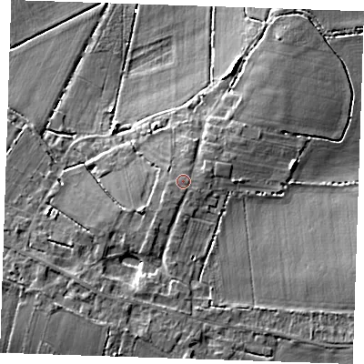 Shaded relief map of the ground around CB75XY, computed from Environment Agency LiDAR. The ground here sits at about 7 m above sea level and falls 10 m across the surrounding 800 m. Surface water reaching this point runs off ground lying to the south-west, 3.4 m higher.