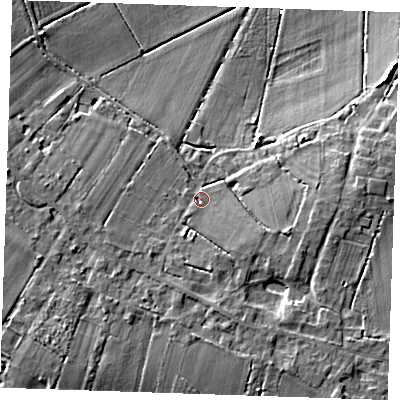 Shaded relief map of the ground around CB75XZ, computed from Environment Agency LiDAR. The ground here sits at about 6 m above sea level and falls 10 m across the surrounding 800 m. Surface water reaching this point runs off ground lying to the south, 3.6 m higher.