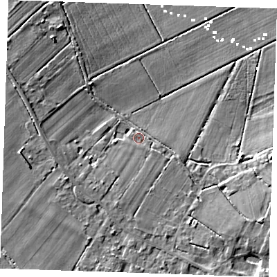 Shaded relief map of the ground around CB75YA, computed from Environment Agency LiDAR. The ground here sits at about 4 m above sea level and falls 10 m across the surrounding 800 m. Surface water reaching this point runs off ground lying to the south, 5.4 m higher.