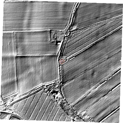 Shaded relief map of the ground around CB75YE, computed from Environment Agency LiDAR. The ground here sits at about 4 m above sea level and falls 9 m across the surrounding 800 m. Surface water reaching this point runs off ground lying to the south-west, 5.7 m higher.