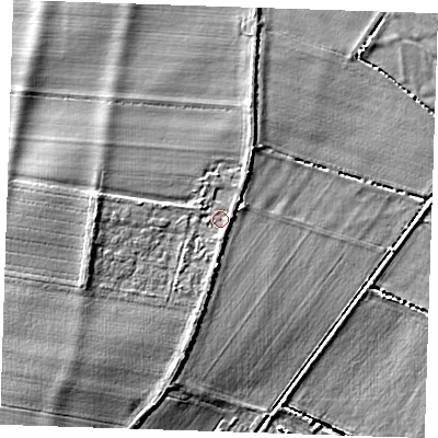 Shaded relief map of the ground around CB75YG, computed from Environment Agency LiDAR. The ground here sits at about 5 m above sea level and falls 10 m across the surrounding 800 m. Surface water reaching this point runs off ground lying to the west, 3.5 m higher.