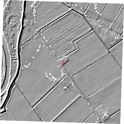 Shaded relief map of the ground around CB75YJ, computed from Environment Agency LiDAR. The ground here sits at about 2 m above sea level and falls 7 m across the surrounding 800 m. Surface water reaching this point runs off ground lying to the north-north-east, 2.4 m higher.