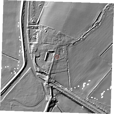 Shaded relief map of the ground around CB75YQ, computed from Environment Agency LiDAR. The ground here sits at about 4 m above sea level and falls 10 m across the surrounding 800 m. Surface water reaching this point runs off ground lying to the north, 2.0 m higher.