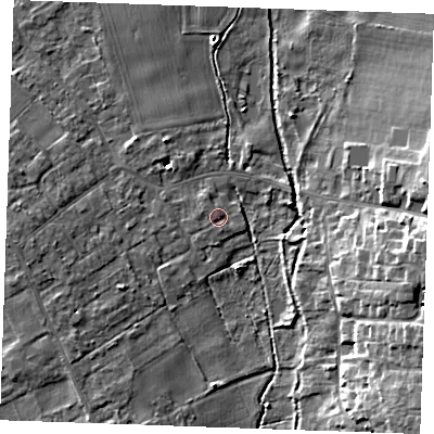 Shaded relief map of the ground around CB75ZS, computed from Environment Agency LiDAR. The ground here sits at about 9 m above sea level and falls 11 m across the surrounding 800 m. Surface water reaching this point runs off ground lying to the west-north-west, 0.7 m higher.