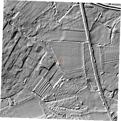 Shaded relief map of the ground around CB76AB, computed from Environment Agency LiDAR. The ground here sits at about 5 m above sea level and falls 6 m across the surrounding 800 m. Surface water reaching this point runs off ground lying to the west-north-west, 5.5 m higher.