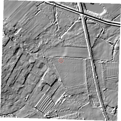 Shaded relief map of the ground around CB76AH, computed from Environment Agency LiDAR. The ground here sits at about 5 m above sea level and falls 6 m across the surrounding 800 m. Surface water reaching this point runs off ground lying to the west-north-west, 5.8 m higher.