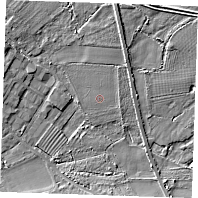 Shaded relief map of the ground around CB76AJ, computed from Environment Agency LiDAR. The ground here sits at about 6 m above sea level and falls 5 m across the surrounding 800 m. The ground contributing surface water to this point lies to the east-south-east.