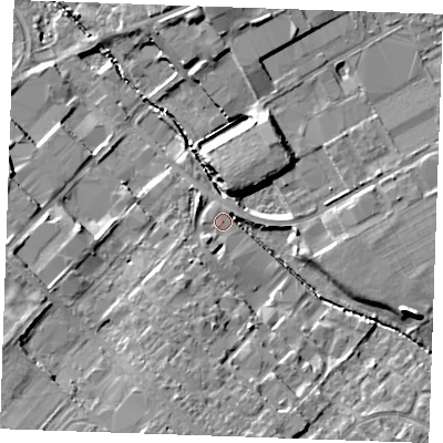 Shaded relief map of the ground around CB80BF, computed from Environment Agency LiDAR. The ground here sits at about 22 m above sea level and falls 13 m across the surrounding 800 m. Surface water reaching this point runs off ground lying to the south, 10.3 m higher.