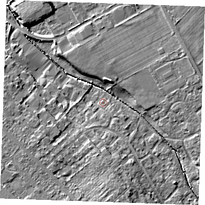 Shaded relief map of the ground around CB80BJ, computed from Environment Agency LiDAR. The ground here sits at about 23 m above sea level and falls 14 m across the surrounding 800 m. Surface water reaching this point runs off ground lying to the south-west, 4.9 m higher.