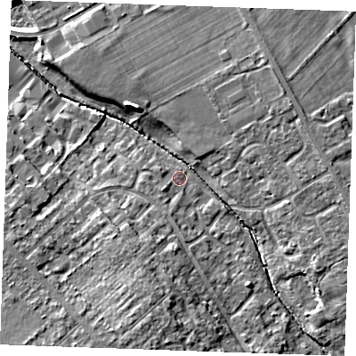 Shaded relief map of the ground around CB80BL, computed from Environment Agency LiDAR. The ground here sits at about 23 m above sea level and falls 14 m across the surrounding 800 m. Surface water reaching this point runs off ground lying to the south-south-west, 9.7 m higher.