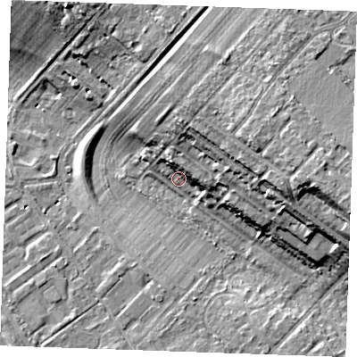 Shaded relief map of the ground around CB80DB, computed from Environment Agency LiDAR. The ground here sits at about 24 m above sea level and falls 18 m across the surrounding 800 m. Surface water reaching this point runs off ground lying to the east-north-east, 11.6 m higher.
