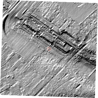 Shaded relief map of the ground around CB80DP, computed from Environment Agency LiDAR. The ground here sits at about 24 m above sea level and falls 17 m across the surrounding 800 m. Surface water reaching this point runs off ground lying to the east-north-east, 14.3 m higher.