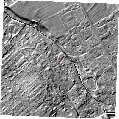 Shaded relief map of the ground around CB80DS, computed from Environment Agency LiDAR. The ground here sits at about 23 m above sea level and falls 15 m across the surrounding 800 m. Surface water reaching this point runs off ground lying to the south-south-west, 3.0 m higher.