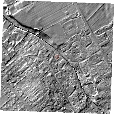 Shaded relief map of the ground around CB80DT, computed from Environment Agency LiDAR. The ground here sits at about 23 m above sea level and falls 14 m across the surrounding 800 m. Surface water reaching this point runs off ground lying to the south-south-west, 3.4 m higher.