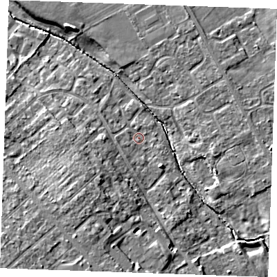 Shaded relief map of the ground around CB80DU, computed from Environment Agency LiDAR. The ground here sits at about 24 m above sea level and falls 15 m across the surrounding 800 m. Surface water reaching this point runs off ground lying to the west-south-west, 5.8 m higher.